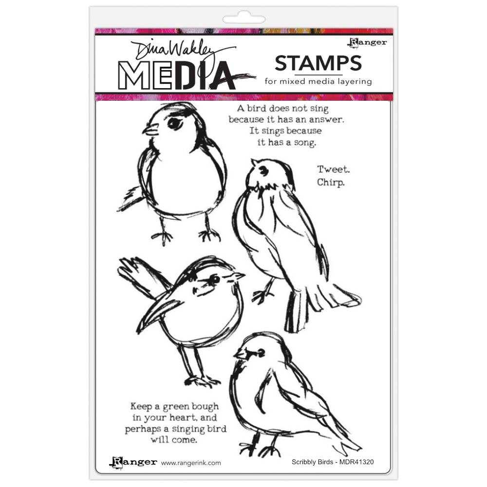 Scribbly Birds - Stamps by Dina Wakley MEdia ... red rubber stamps featuring 4 birds and 3 quotes. Set of 7 (seven) designs (MDR41320) for use in papercrafts, stamping, journaling, mixed media, visual arts. Dina Wakley MEdia rubber stamp set includes four feathered friends of the small bird variety - similar to robins, sparrow, finches or paint yellow for baby chicks. The wise sayings or quotes are designed in a serif font, similar to Times Roman.