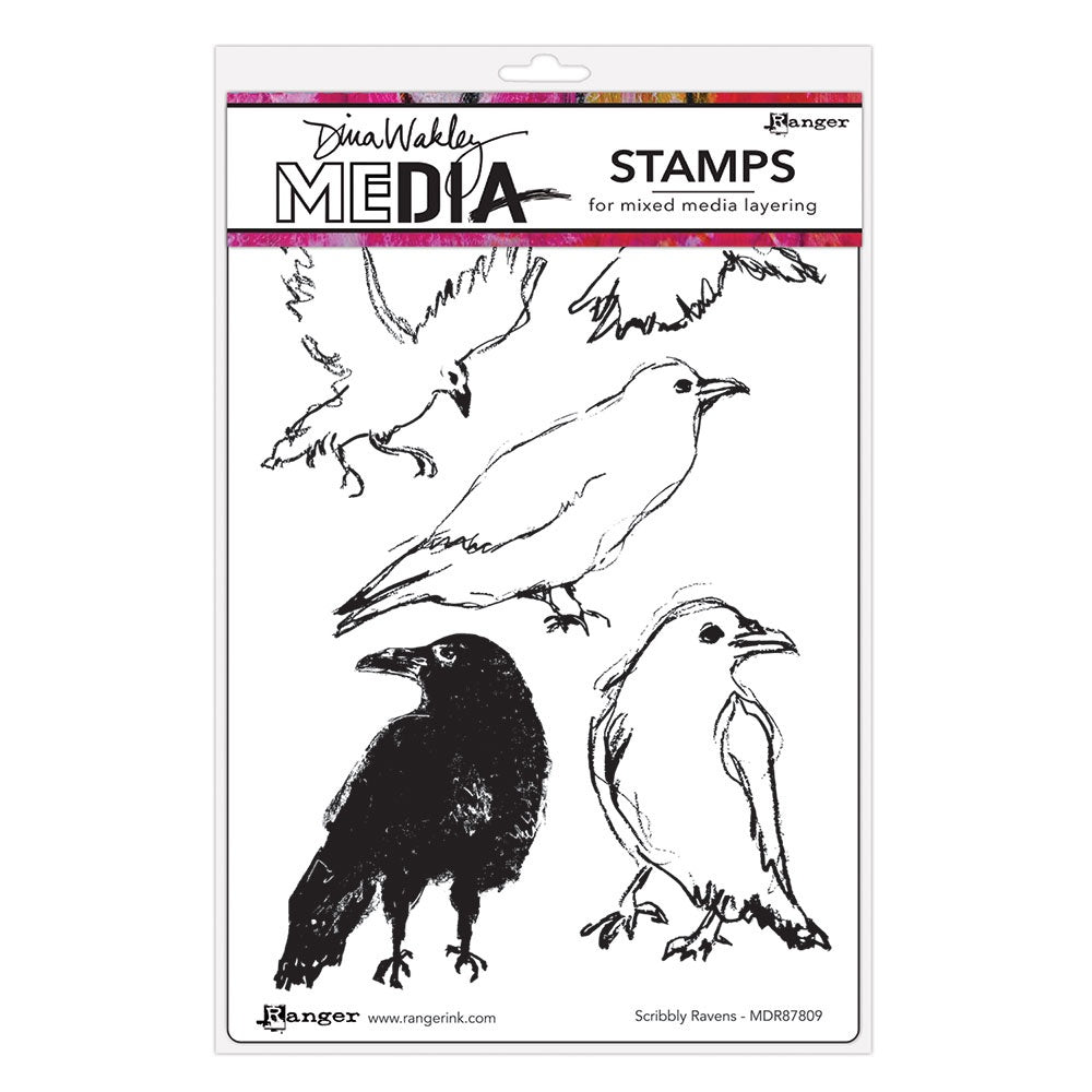 Scribbly Ravens - Dina Wakley MEdia ... Cling Mounted Red Rubber Stamps in 5 (five) designs (MDR87809).
Beautiful birds that love to fly, watch, perch, scavenge and stalk craft supplies while you use them to create with journals, on cards, in scrapbooks and tags. These are illustrated in Dina's scribbly rustic style so you know they'll compliment everything we love to make :) Have fun with your new feathered friends! Made by Stampers Anonymous.