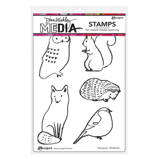 Woodland - Dina Wakley MEdia ... Cling Mounted Red Rubber Stamps in 5 (five) designs (MDR89261). These wonderful woodland friends will love hanging out with you to create art in journals, cards, scrapbooks, junk journals, altered books, on scrap paper ... they love to play with inks, paints and crafty supplies! The species in this set include an owl, squirrel (brown, red, grey, rainbow), fox (with beautiful bushy tail), hedgehog and a sweet robin (bird). made by Stampers Anonymous.