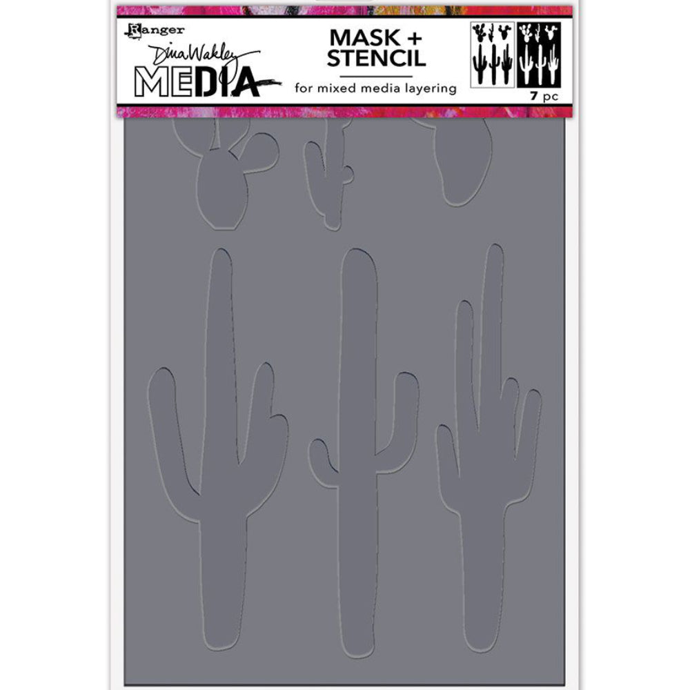 Cactus - Stencil - Dina Wakley MEdia ... Rectangular stencil with cutout of cactus plants, growing tall. Use for layering colour, texture and patterns in mixed media, visual arts and papercrafts. 1 (one) stencil 6" x 9" with 6 (six) cut-out mask shapes of assorted sizes. MDS87670
Layer this versatile stencil by Dina Wakley to add a fantastic set of cactus to your artwork quickly and easily. Apply the design to your project in the background or make it a featured element in your artwork.