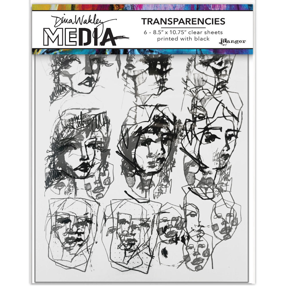 Tinies (set 2) - Transparencies ... by Dina Wakley MEdia and Ranger. 6 (six) sheets of clear film printed with black designs, 8.5" x 10.75" in size. Use for creative collage, journaling, bookmaking, scrapbooking, mixed media and other visual arts. Dina Wakley MEdia Transparencies include 6 sheets of clear acetate or plastic film printed with 3 (three) designs featuring beautiful portraits of people in lots of little sizes. There are 2 (two) of each design.