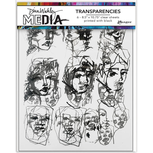 Tinies (set 2) - Transparencies ... by Dina Wakley MEdia and Ranger. 6 (six) sheets of clear film printed with black designs, 8.5" x 10.75" in size. Use for creative collage, journaling, bookmaking, scrapbooking, mixed media and other visual arts. Dina Wakley MEdia Transparencies include 6 sheets of clear acetate or plastic film printed with 3 (three) designs featuring beautiful portraits of people in lots of little sizes. There are 2 (two) of each design.
