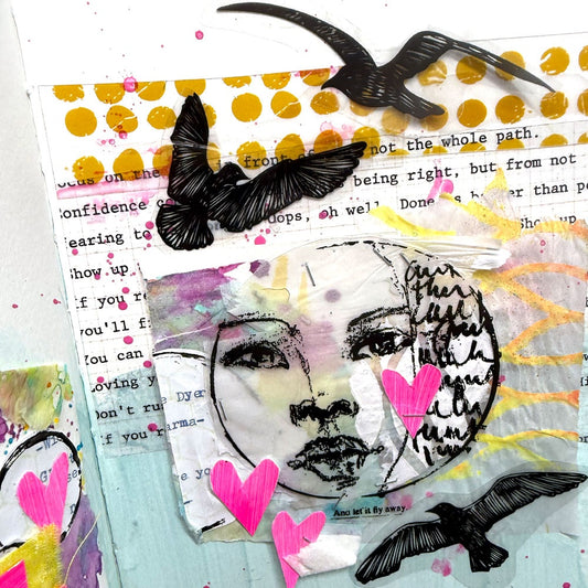 Sample made by Dina Wakley, the artist behind 'Dina Wakley MEdia' visual arts designer and creator. Artwork features flying birds and face stamped onto transparencies, tissue layers, transparent abstract prints, in colours of mustard, black, neon pink and black.
