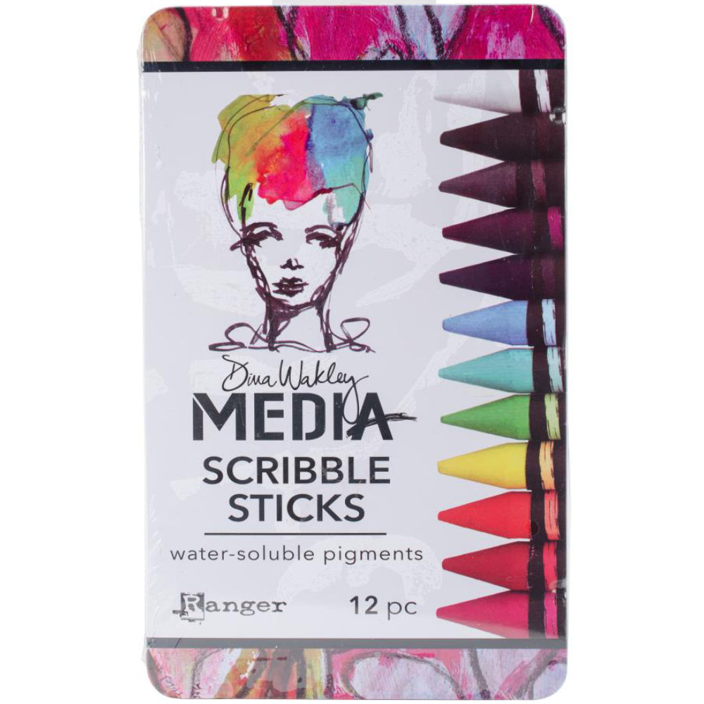 Scribble Sticks - Set 1 ... Dina Wakley Media. 12 (twelve) watersoluble crayon-pastel-pencil-sticks for us to use with visual arts, journaling, mixed media, papercrafts, scrapbooking, painting canvas and having a fabulous arty crafty painterly time. Dina Wakley's Scribble Sticks are a watersoluble mixed media medium in the shape of a crayon or short woodless pencil. These pastels are an acrylic based paint stick fused with high quality pigments in vibrant semi-opaque colours. Made by Ranger. MDA54733