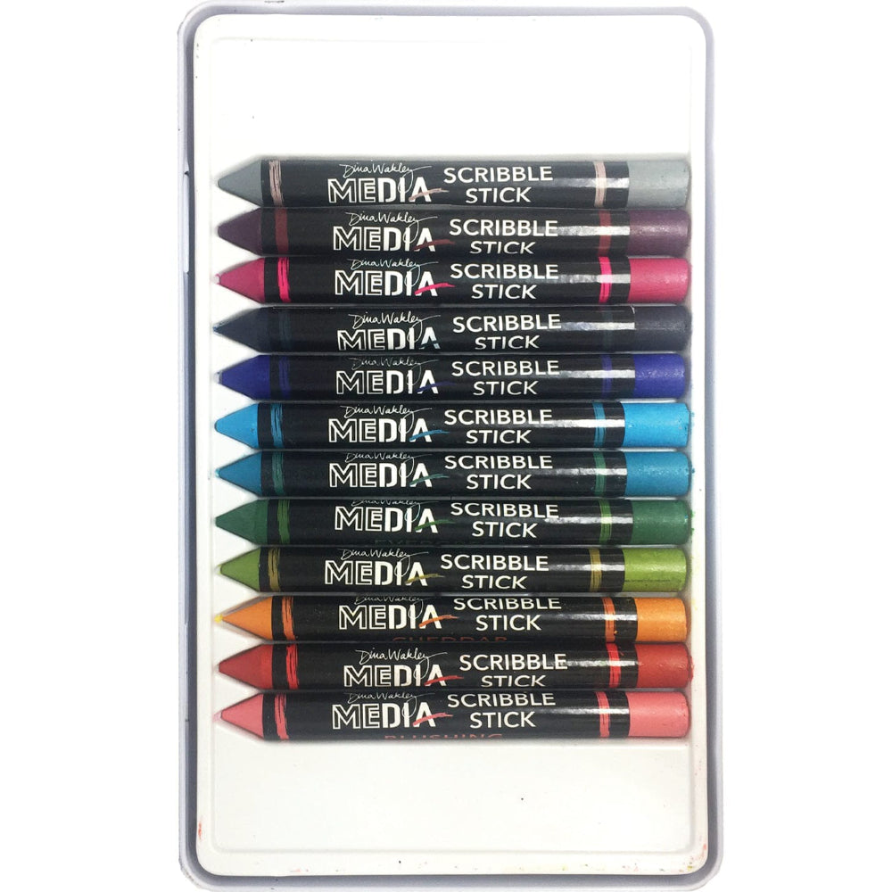 Colours of the Scribble Sticks - Set 2 ... Dina Wakley Media. 12 (twelve) crayon-pastel-pencil-sticks for us to use with visual arts, journaling, mixed media, papercrafts, scrapbooking, painting canvas and having a fabulous arty crafty painterly time. Dina Wakley's Scribble Sticks are a watersoluble mixed media medium in the shape of a crayon or short woodless pencil. These pastels are an acrylic based paint stick fused with high quality pigments in vibrant semi-opaque colours. Made by Ranger. MDA60161