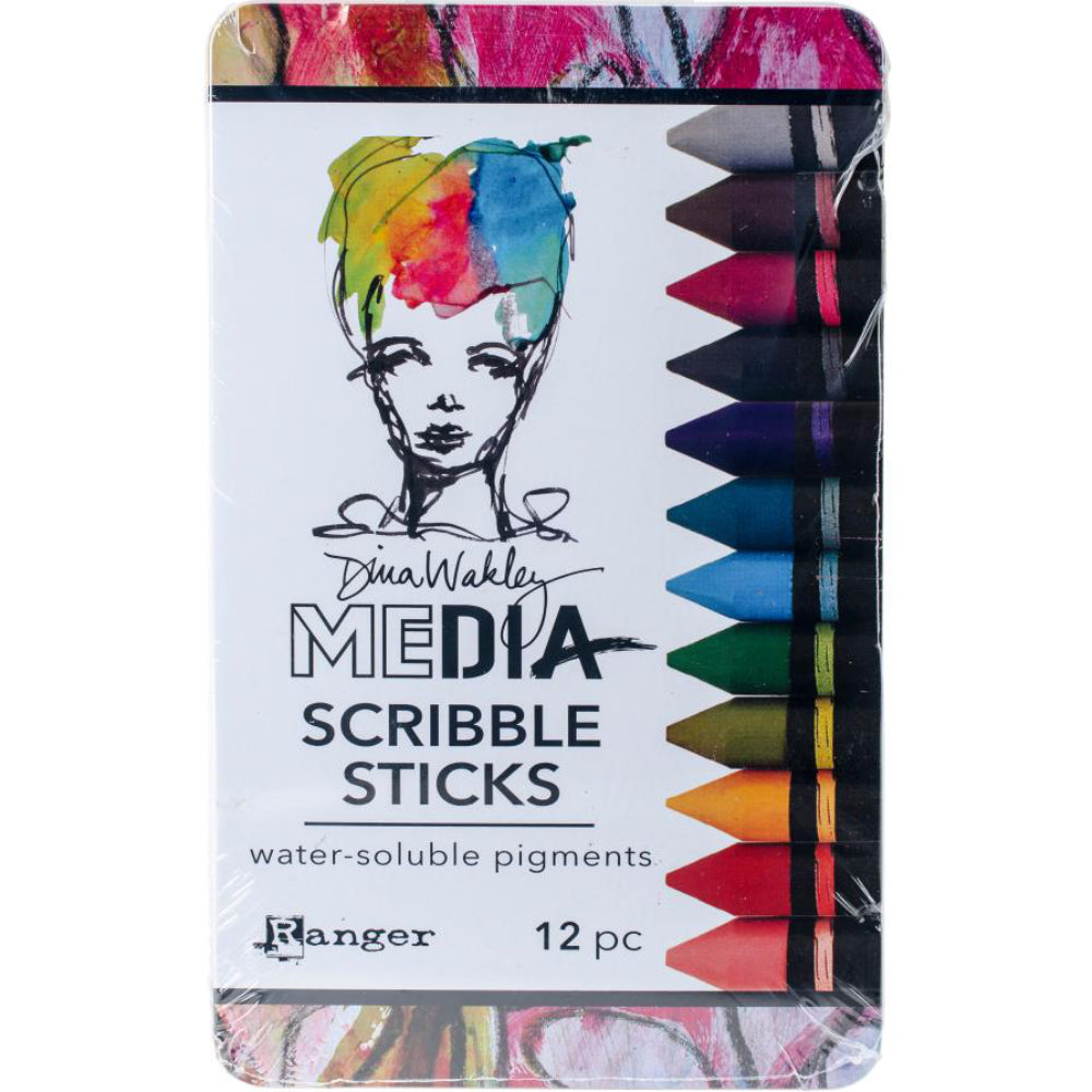 Scribble Sticks - Set 2 ... Dina Wakley Media. 12 (twelve) watersoluble crayon-pastel-pencil-sticks for us to use with visual arts, journaling, mixed media, papercrafts, scrapbooking, painting canvas and having a fabulous arty crafty painterly time. Dina Wakley's Scribble Sticks are a watersoluble mixed media medium in the shape of a crayon or short woodless pencil. These pastels are an acrylic based paint stick fused with high quality pigments in vibrant semi-opaque colours. Made by Ranger. MDA60161