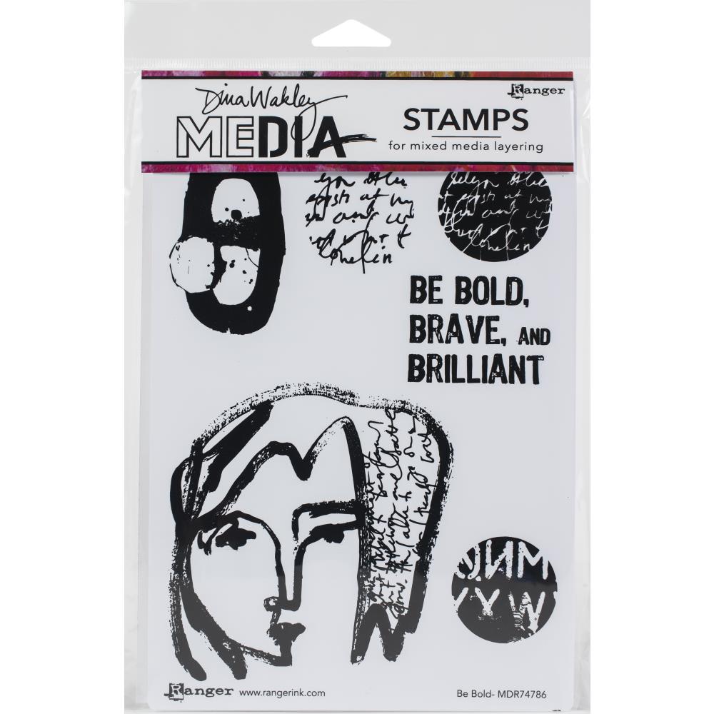 Be Bold - by Dina Wakley MEdia ... cling foam mounted, red rubber stamps for endless creative possibilities. 6 (six) designs (MDR74786). Be bold, brave and brilliant! Create art, make cards, collage layers in journals, scrapbook pages, mixed media canvas for the wall. A face illustrated in thick drybrush lines with script in her/his hair, 3 round typo designs, 1 oval abstract and 1 quote "be bold, brave and brilliant" in a heavyweight sans serif condensed block typestyle. One of each design.