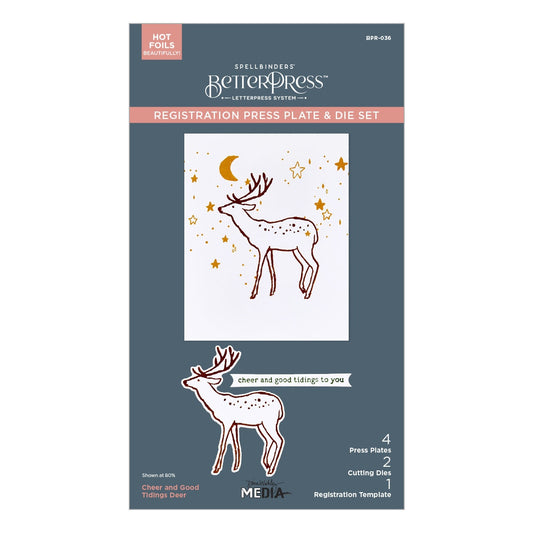 Cheer and Good Tidings Deer - BetterPress Metal Press Plates and Dies ... designed by Dina Wakley MEdia and Spellbinders (no.BPR-036) to use in mixed media, cardmaking, journaling, scrapbooking and visual arts. Dina's BetterPress 'Cheer and Good Tidings Deer' set includes festive designs that could be used all year long! This wonderful set features a deer (stag with antlers, reindeer) standing facing left, starry sky and warmhearted Christmas phrase with matching banner.