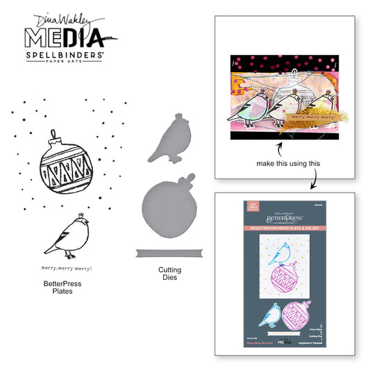 Merry Merry Merry Bird - BetterPress Metal Press Plates and Dies ... designed by Dina Wakley MEdia and Spellbinders (no.BPR-035) to use in mixed media, cardmaking, journaling, scrapbooking and visual arts. Dina's BetterPress 'Merry Merry Merry Bird' set includes festive designs that could be used all year long! This wonderful set features a robin (bird, feathered friend, 5cm tall) wearing a little crown, a round decorated bauble (ornament), gathering of spots, a line of text with shaped banner.