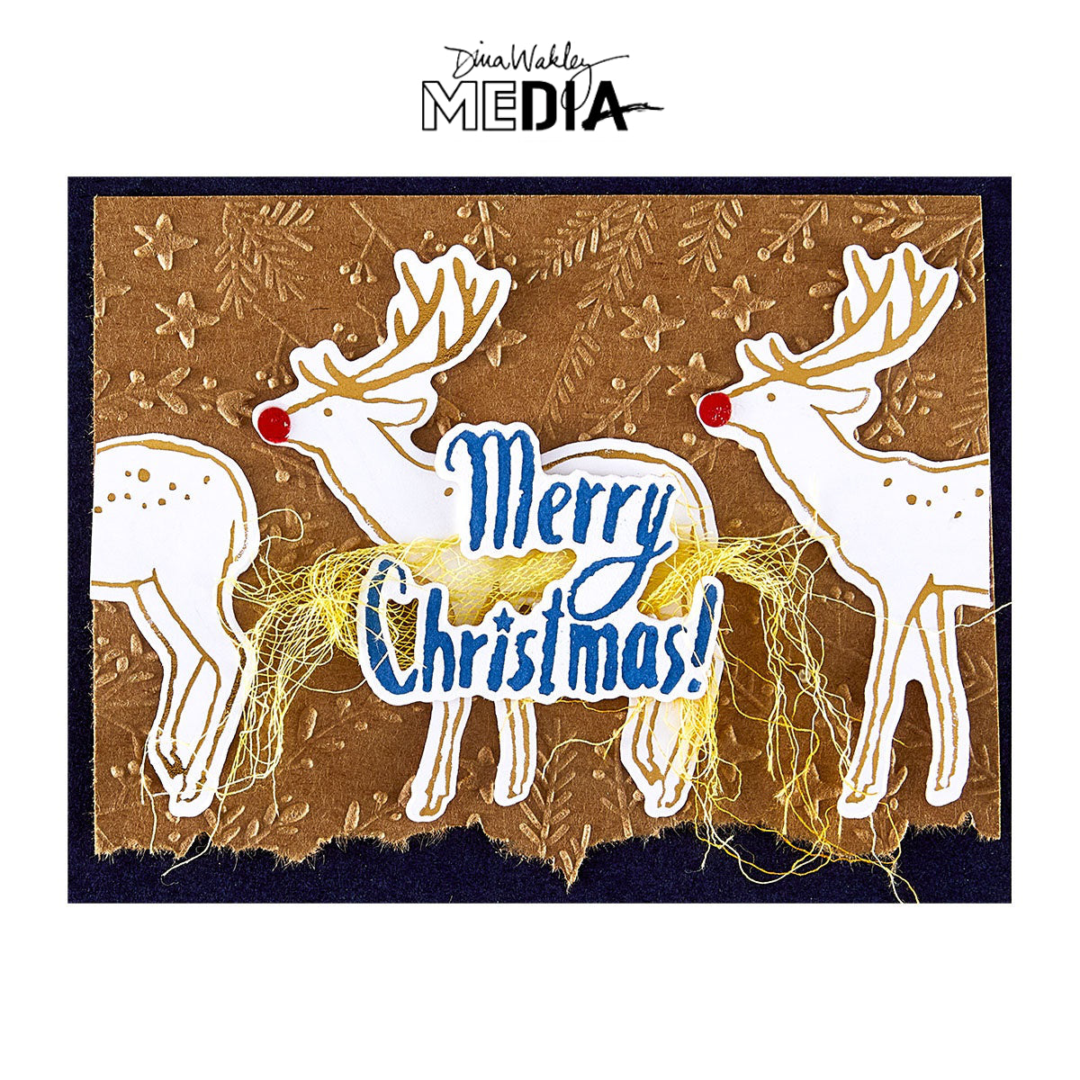 Wonderful Christmas Card made by Dina Wakley using Spellbinder Paper Arts BetterPress Plates and Embossing Folder . Use the designs in mixed media, cardmaking, journaling, scrapbooking and visual arts. Dina's Spellbinders sets include festive designs of birds, baubles, heartfelt messages, holly and berries, spots, crescent moon, reindeer, foliage and stars. All the DWM metal embossing and printing plates can to be used together or separately to create dimension with or without ink. Enjoy!