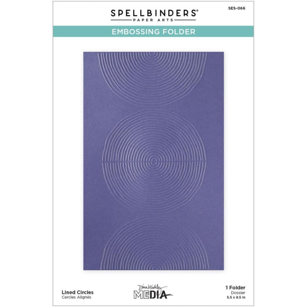 Lined Circles - Embossing Folder ... designed by Dina Wakley MEdia. Part of the 'Modern Botanicals' collection made by Spellbinders Paper Arts (no.SES-066). The embossing folder is A5 in size (145mm x 223mm). This wonderful design features one large circle and two half circles (semicircles), each with thin lines, rings, within each of the shapes. It creates a marvellous textured pattern that will compliment almost any creative project. Image of the packaging.