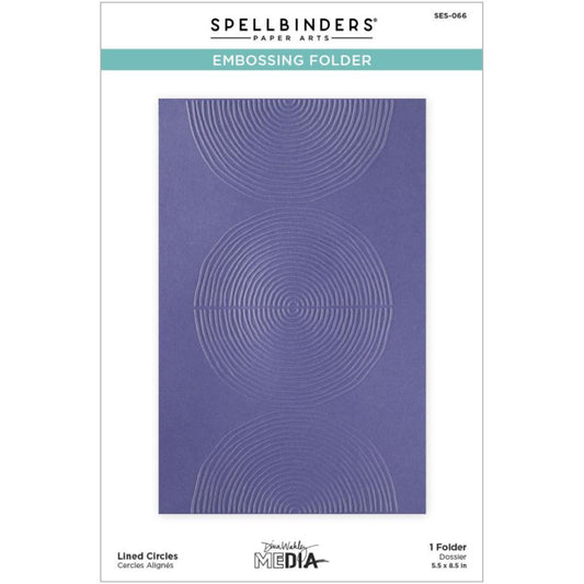 Lined Circles - Embossing Folder ... designed by Dina Wakley MEdia. Part of the 'Modern Botanicals' collection made by Spellbinders Paper Arts (no.SES-066). The embossing folder is A5 in size (145mm x 223mm). This wonderful design features one large circle and two half circles (semicircles), each with thin lines, rings, within each of the shapes. It creates a marvellous textured pattern that will compliment almost any creative project. Image of the packaging.