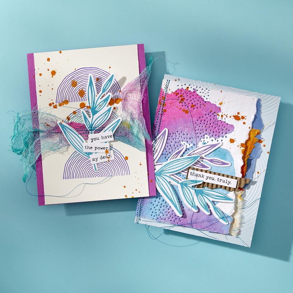 Sample made using the BetterPress Press Plates and Dies designed by Dina Wakley MEdia with Spellbinders. Part of the 'Modern Botanicals' collection made by Spellbinders Paper Arts (no.BPR-027). 
Dina's BetterPress Growing (Modern Botanicals) set includes designs of leaves and lined circles as cutting dies and embossing printing plates to be used together or separately for creating textured dimensional layers in art. Image of a card sample with pinks and blues and whites.