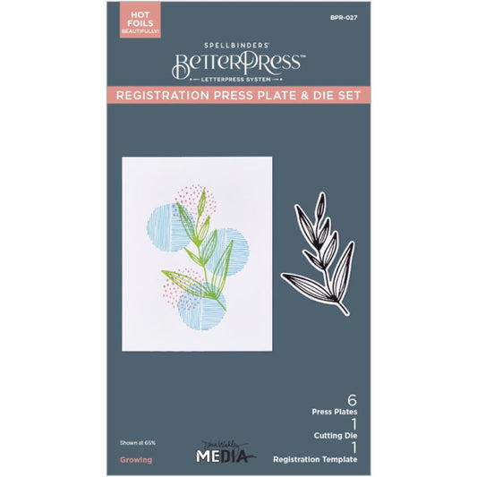 Growing - BetterPress Press Plates and Dies ... designed by Dina Wakley MEdia with Spellbinders. Part of the 'Modern Botanicals' collection made by Spellbinders Paper Arts (no.BPR-027). 
Dina's BetterPress Growing (Modern Botanicals) set includes designs of leaves and lined circles as cutting dies and embossing printing plates to be used together or separately for creating textured dimensional layers in art. Image of the packaging.