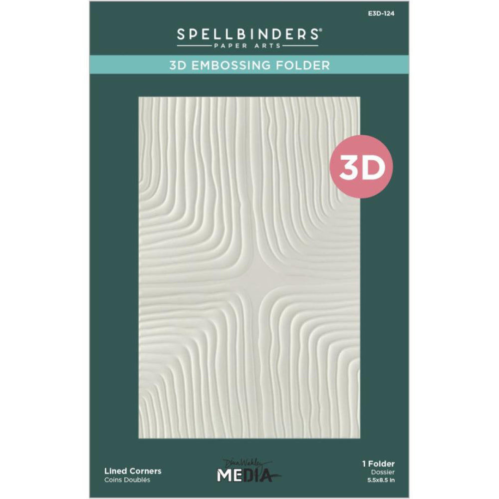 Lined Corners - 3D Embossing Folder ... designed by Dina Wakley MEdia. Part of the 'Modern Botanicals' collection made by Spellbinders Paper Arts (no.E3D-124). The embossing folder is A5 in size (145mm x 223mm). What a wonderful way to add stylized texture and patterns into shapes, backgrounds and collaged layers. This design features 4 corners with parallel lines within each corner, made of raised rounded thickish lines. Image of the packaging.