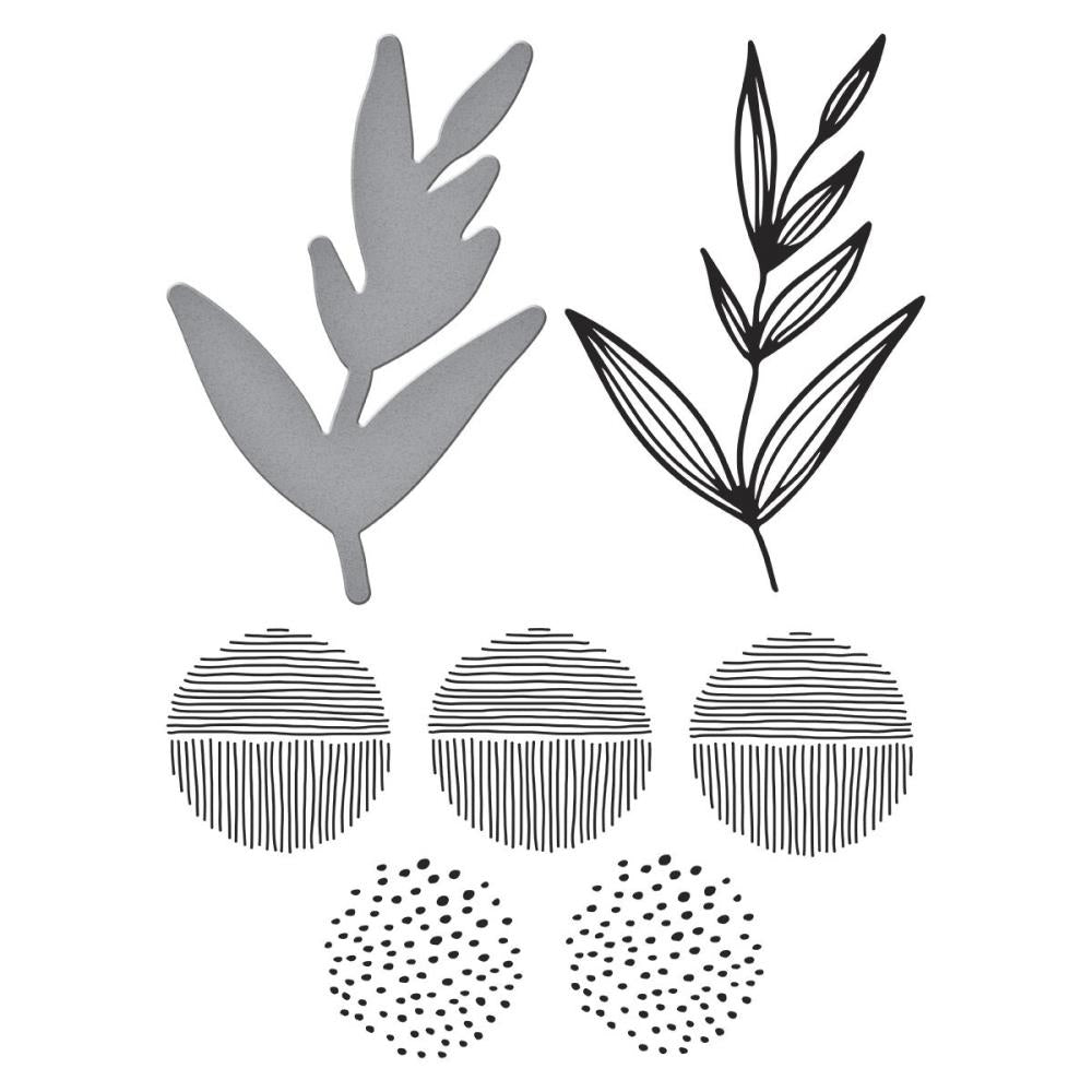 Growing - BetterPress Press Plates and Dies ... designed by Dina Wakley MEdia with Spellbinders. Part of the 'Modern Botanicals' collection made by Spellbinders Paper Arts (no.BPR-027). 
Dina's BetterPress Growing (Modern Botanicals) set includes designs of leaves and lined circles as cutting dies and embossing printing plates to be used together or separately for creating textured dimensional layers in art. Image of the plate designs.