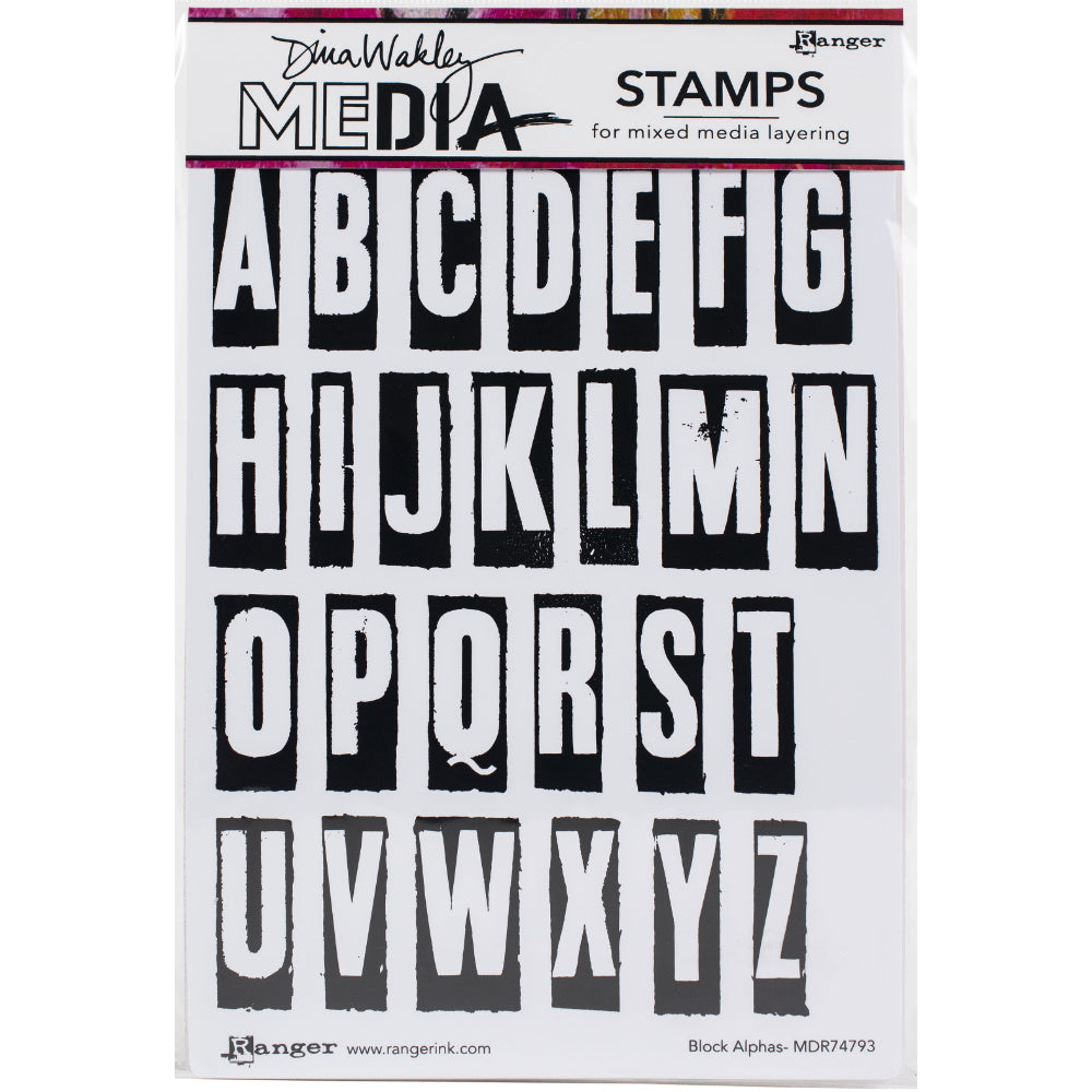 Block Alphas - Dina Wakley MEdia ... Cling Mounted Red Rubber Stamps. The alphabet from A to Z in uppercase (capital letters) and in reverse (white letters on black rectangles 1 5/8" tall). 26 (twenty six) designs (MDR74793).
The alphabet is most useful everywhere we go ... books, pages, ATCs, cards, backgrounds, featured as a prompt. Anywhere :)