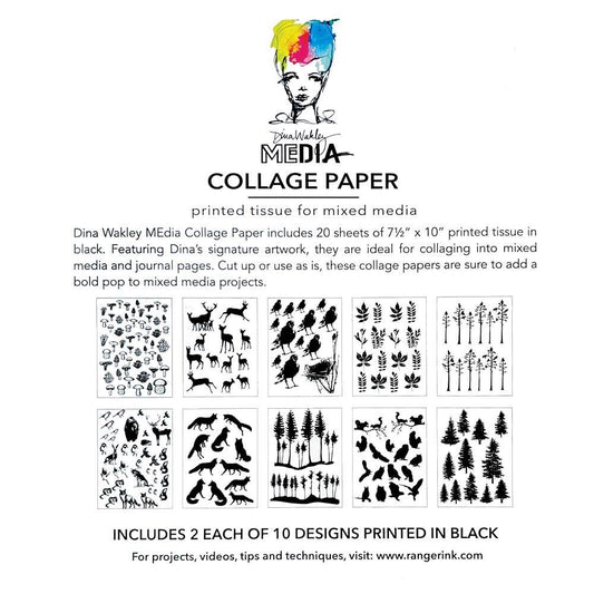 The Forest - Collage Tissue Paper by Dina Wakley MEdia and Ranger - very fine white lightweight tissue paper with original artwork printed in black. 20 sheets with 10 designs (2 of each design). 7.5" x 10". Designs include toadstools, mushrooms and other fungi, foxes (walking, leaping, sitting), deer and stags and their young, birds, mice, hares, rabbits, owls (flying, sitting, watching), squirrels (being squirrels), forests of beautiful trees, leaves and what could be a bear... MDA85973.