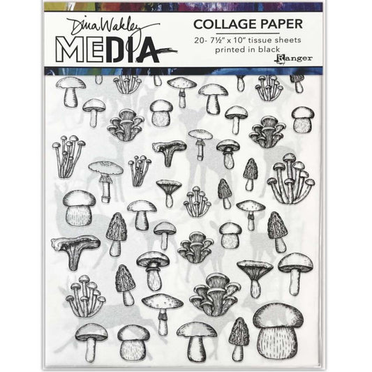 The Forest - Collage Tissue Paper by Dina Wakley MEdia and Ranger - very fine white lightweight tissue paper with original artwork printed in black. 20 sheets with 10 designs (2 of each design). 7.5" x 10". Designs include toadstools, mushrooms and other fungi, foxes (walking, leaping, sitting), deer and stags and their young, birds, mice, hares, rabbits, owls (flying, sitting, watching), squirrels (being squirrels), forests of beautiful trees, leaves and what could be a bear... MDA85973.