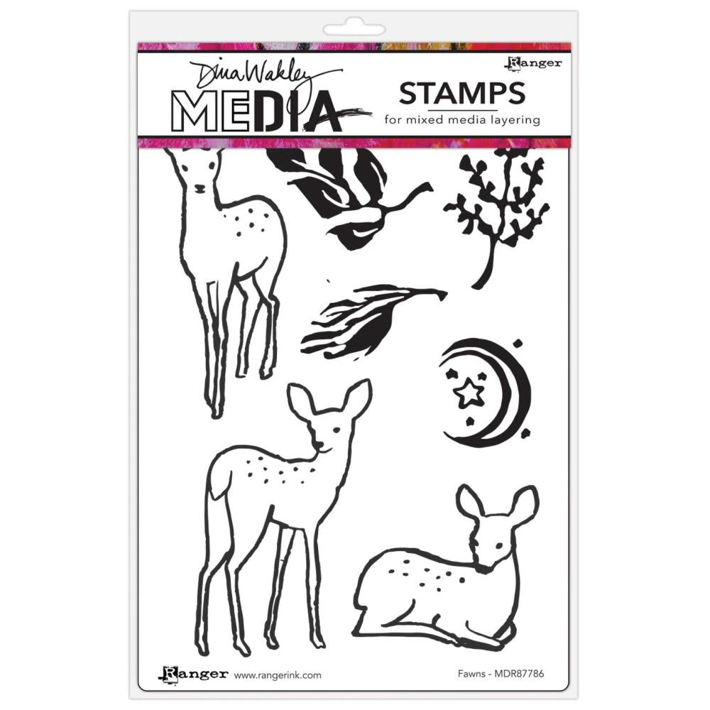 Fawns - Dina Wakley MEdia ... Cling Mounted Red Rubber Stamps in 7 (seven) designs (MDR87786). Create heartfelt artwork with these beautiful young deer, one standing facing towards us, one standing facing away with head turned back towards us and one lying down with legs tucked in and looking at us to see what we'll create next. Other beautiful stamps in this set are leaves, foliage and a crescent moon with sparkly stars.