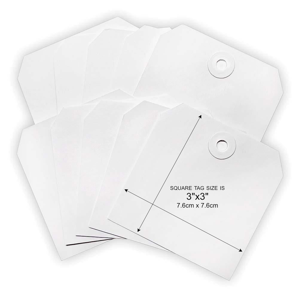 Square Tags, 3"x3" - by Dina Wakley MEdia - pack of 20 premade tags with mitred corners and reinforced hole. 76mm x 76mm. Dina Wakley MEdia ready-made blank white tags are a smooth and sturdy cardstock, designed to be altered in any arty crafty way! A great sized tag to alter, make into a tag booklet, stamp, draw, splatter, with paints, inks, stencils, watersoluble and wax crayons, markers, pens, pencils, ephemera, fasteners, embellishments, trimmings - anything arty at all.