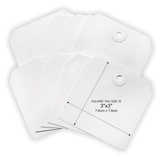 Square Tags, 3"x3" - by Dina Wakley MEdia - pack of 20 premade tags with mitred corners and reinforced hole. 76mm x 76mm. Dina Wakley MEdia ready-made blank white tags are a smooth and sturdy cardstock, designed to be altered in any arty crafty way! A great sized tag to alter, make into a tag booklet, stamp, draw, splatter, with paints, inks, stencils, watersoluble and wax crayons, markers, pens, pencils, ephemera, fasteners, embellishments, trimmings - anything arty at all.