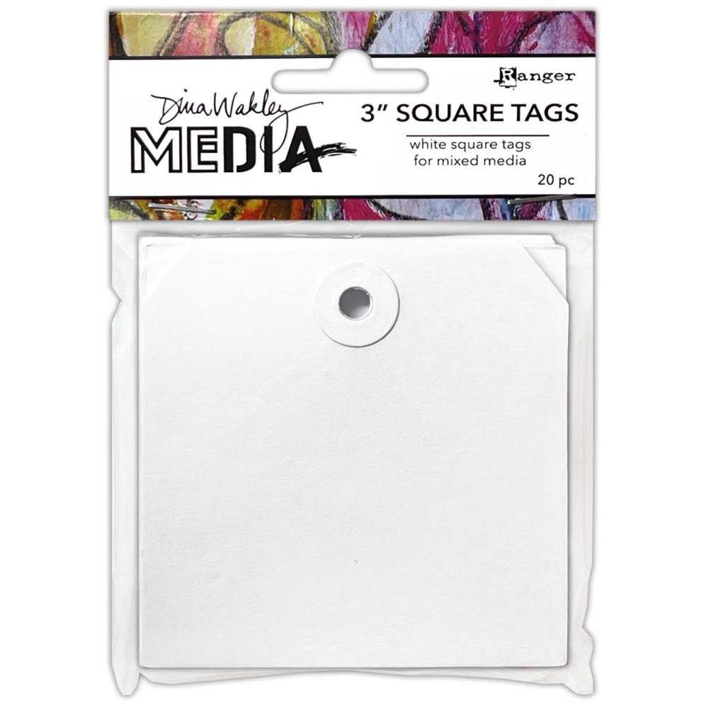 Square Tags, 3"x3" - by Dina Wakley MEdia - pack of 20 (twenty) premade tags with mitred corners and reinforced hole. 76mm x 76mm. Dina Wakley MEdia ready-made blank white tags are a smooth and sturdy cardstock, designed to be altered in any arty crafty way! A great sized tag to alter, make into a tag booklet, stamp, draw, splatter, with paints, inks, stencils, watersoluble and wax crayons, markers, pens, pencils, ephemera, fasteners, embellishments, trimmings - anything arty at all.