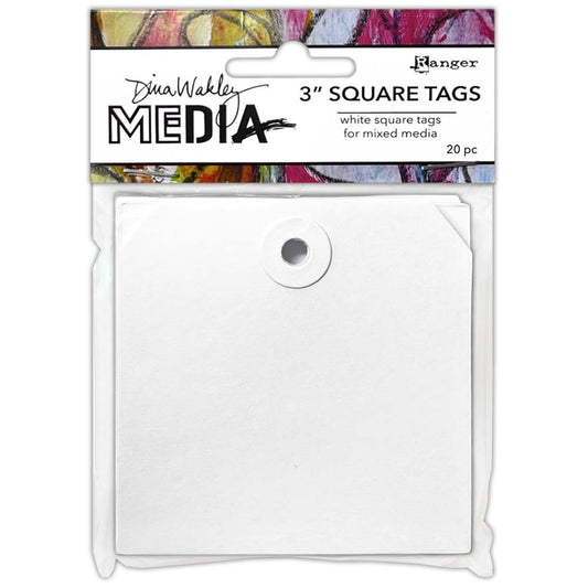 Square Tags, 3"x3" - by Dina Wakley MEdia - pack of 20 (twenty) premade tags with mitred corners and reinforced hole. 76mm x 76mm. Dina Wakley MEdia ready-made blank white tags are a smooth and sturdy cardstock, designed to be altered in any arty crafty way! A great sized tag to alter, make into a tag booklet, stamp, draw, splatter, with paints, inks, stencils, watersoluble and wax crayons, markers, pens, pencils, ephemera, fasteners, embellishments, trimmings - anything arty at all.