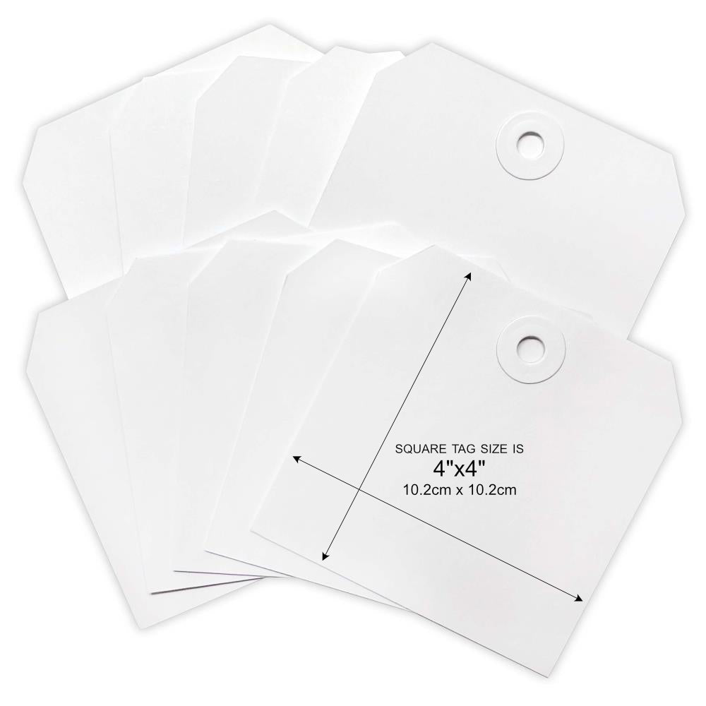 Square Tags, 4"x4" - by Dina Wakley MEdia , 102mm x 102mm, 20 (twenty) white blank tags. Dina Wakley MEdia ready-made blank white tags are a smooth and sturdy cardstock, designed to be altered in any arty crafty way! A great sized tag to alter, make into a tag booklet, stamp, draw, splatter, with paints, inks, stencils, watersoluble and wax crayons, markers, pens, pencils, ephemera, fasteners, embellishments, trimmings - anything arty at all.
