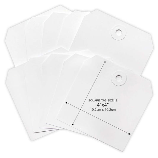 Square Tags, 4"x4" - by Dina Wakley MEdia , 102mm x 102mm, 20 (twenty) white blank tags. Dina Wakley MEdia ready-made blank white tags are a smooth and sturdy cardstock, designed to be altered in any arty crafty way! A great sized tag to alter, make into a tag booklet, stamp, draw, splatter, with paints, inks, stencils, watersoluble and wax crayons, markers, pens, pencils, ephemera, fasteners, embellishments, trimmings - anything arty at all.