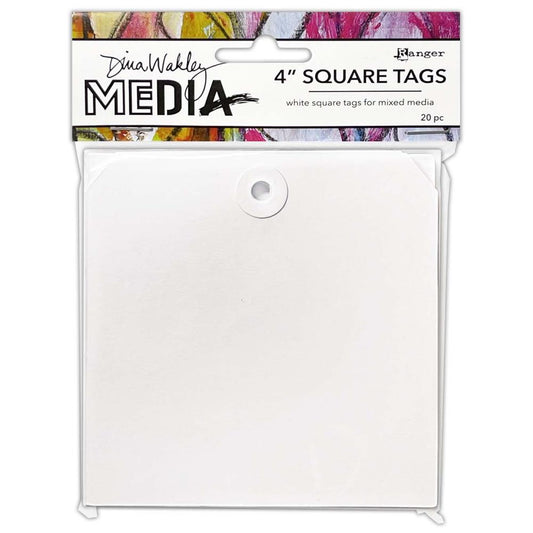 Square Tags, 4"x4" - by Dina Wakley MEdia , 102mm x 102mm, 20 (twenty) white blank tags. Dina Wakley MEdia ready-made blank white tags are a smooth and sturdy cardstock, designed to be altered in any arty crafty way! A great sized tag to alter, make into a tag booklet, stamp, draw, splatter, with paints, inks, stencils, watersoluble and wax crayons, markers, pens, pencils, ephemera, fasteners, embellishments, trimmings - anything arty at all.