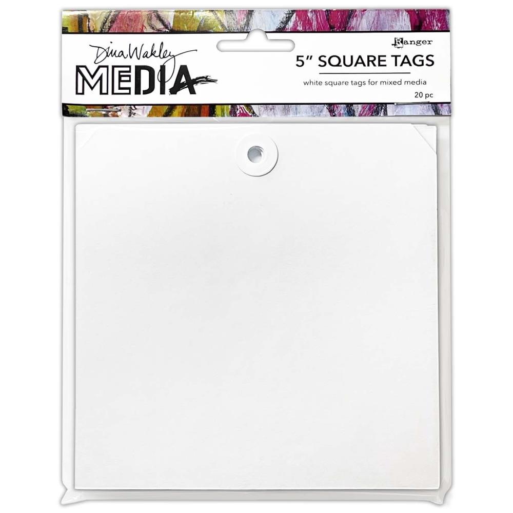 Square Tags, 5"x5" - by Dina Wakley MEdia, 12.7cm x 12.7cm, 20 (twenty) pieces. Dina Wakley MEdia ready-made blank white tags are a smooth and sturdy cardstock, designed to be altered in any arty crafty way! A great sized tag to alter, make into a tag booklet, stamp, draw, splatter, with paints, inks, stencils, watersoluble and wax crayons, markers, pens, pencils, ephemera, fasteners, embellishments, trimmings - anything arty at all.