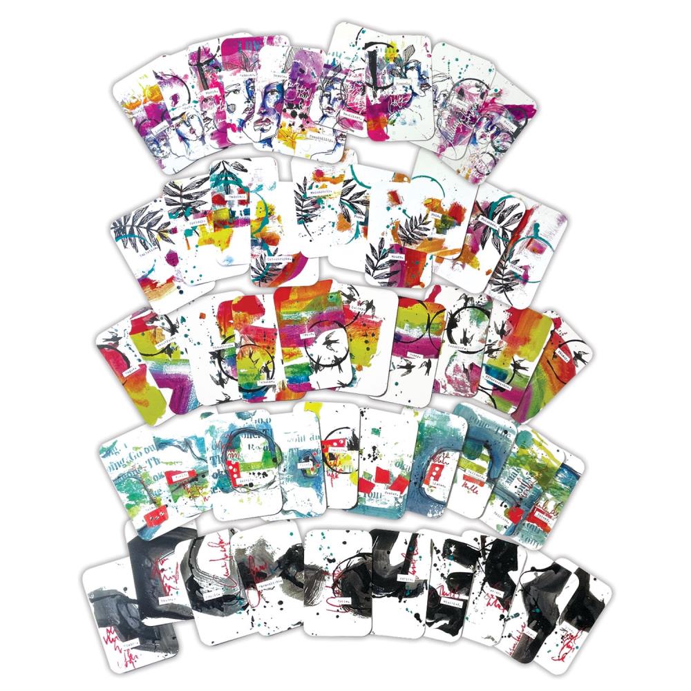 Art Cards - Deck 1 ... by Dina Wakley MEdia and Ranger. Original designs by Dina Wakley featuring mixed media, abstract and collaged artwork, printed onto smooth 270gsm cards with a gloss finish on both sides, 3.5" x 5.5" in size with rounded corners. Pack of 50 (fifty) designs, (one of each). The backs are all the same beautiful abstract artwork, while the fronts are in five styles with different mindful themes and colour combinations.