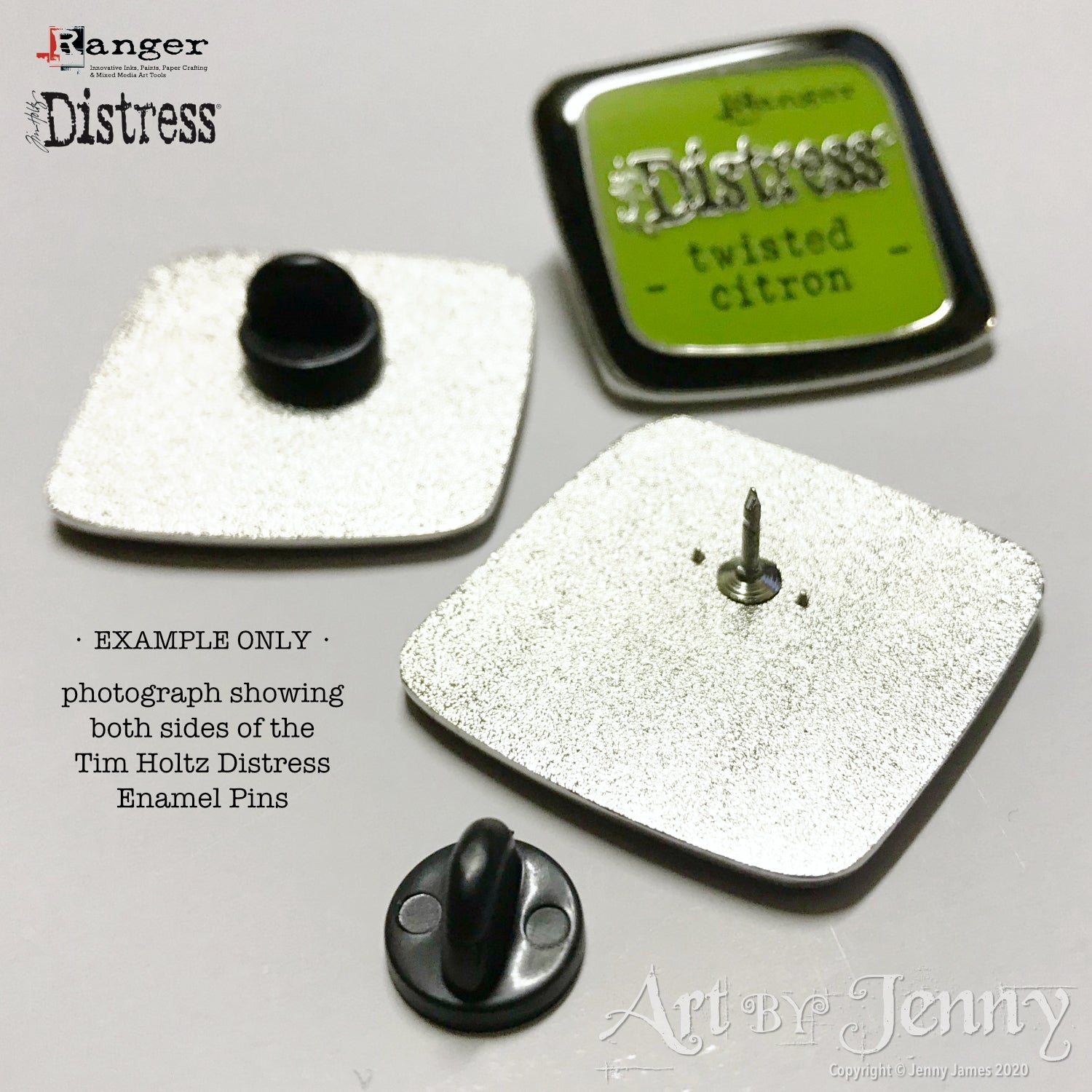 close up photograph of the Ranger's Tim Holtz Distress Enamel PIns showing the front and back