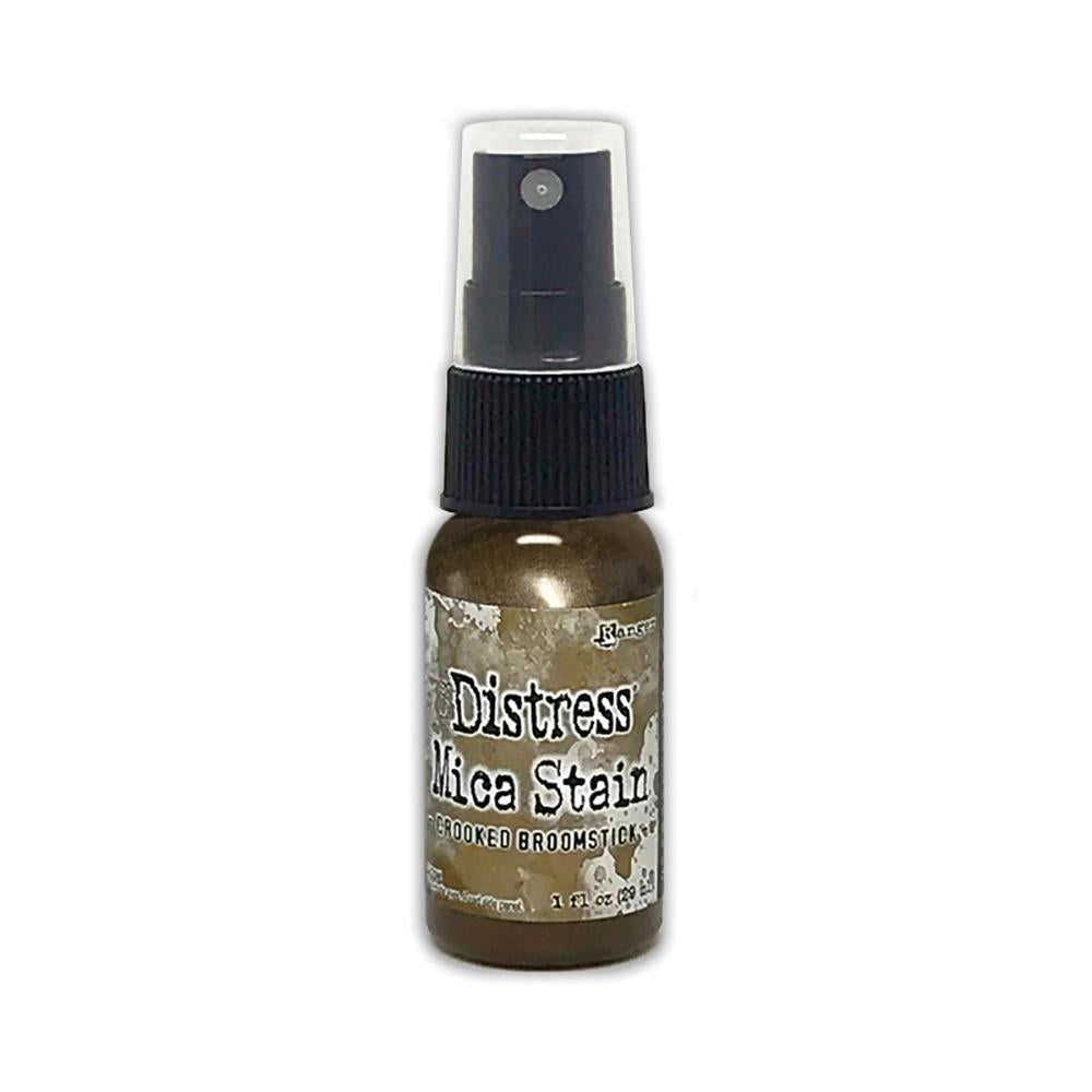 Crooked Broomstick - Distress Mica Stain Spray - by Tim Holtz... multi-toned colours of pearlescent shimmery pigment ink fusion in a sprayer bottle, each holding 29ml (1oz). To use in mixed media, papercrafts, journaling, planners, scrapbooking, visual arts of all kinds.