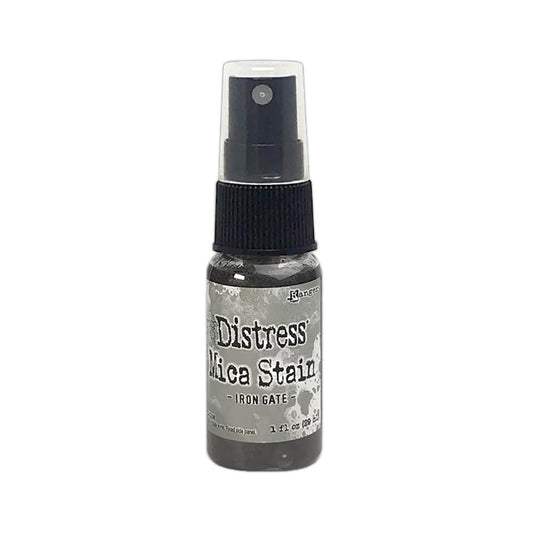 Iron Gate - Distress Mica Stain Spray - by Tim Holtz... multi-toned colours of pearlescent shimmery pigment ink fusion in a sprayer bottle, each holding 29ml (1oz). To use in mixed media, papercrafts, journaling, planners, scrapbooking, visual arts of all kinds.