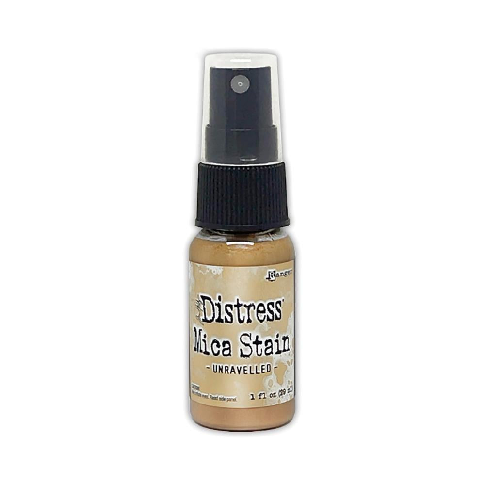 Unravelled (antique linen, palest gold) - Distress Mica Stain Spray - by Tim Holtz... multi-toned colours of pearlescent shimmery pigment ink fusion in a sprayer bottle, each holding 29ml (1oz). To use in mixed media, papercrafts, journaling, planners, scrapbooking, visual arts of all kinds.