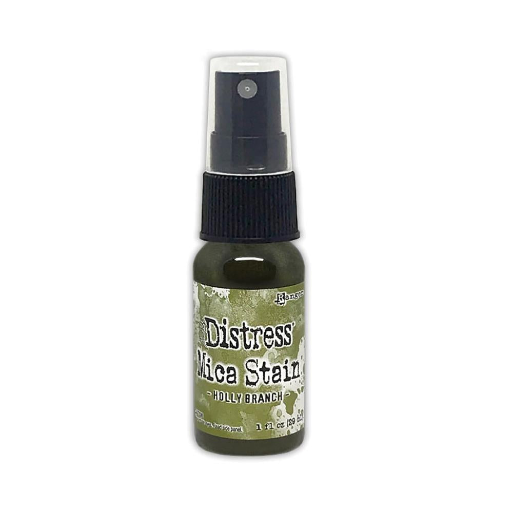 Holly Branch (leaf green) - Distress Mica Stain Spray - by Tim Holtz... multi-toned colours of pearlescent shimmery pigment ink fusion in a sprayer bottle, each holding 29ml (1oz). To use in mixed media, papercrafts, journaling, planners, scrapbooking, visual arts of all kinds.