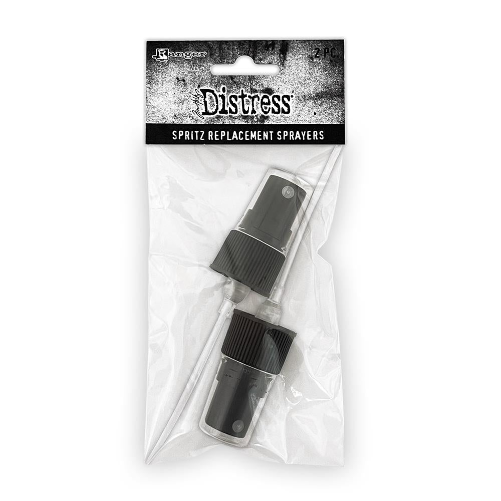 Replacement Sprayers - for Distress Spritz Spray Bottles - by Tim Holtz and Ranger ... sprayer nozzles with lid to use with the Tim Holtz Distress Spritz Spray bottles (and will fit the Stains and Oxides as well, all sold separately). Pack of 2 (two) sprayer tops, each 105mm long. Pack contains 2 (two) easy to use sprayers, each approx 4 1/4" (105mm) long. Designed by Tim Holtz for Distress, Made by Ranger.
