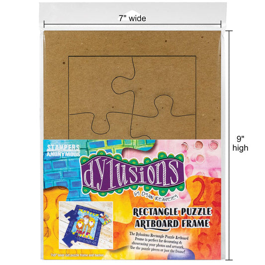 Jigsaw Puzzle Artboard Pieces and Frame ... Dylusions by Dyan Reaveley. Medium sized rectangle base, 7" x 9" in size, with a frame and 6 (six) jigsaw shaped pieces. Made in 2 layers, each 2-3mm thick, for use in mixed media, gift making, display pieces, personalised games, papercrafts, collage, visual arts of all kinds. Create artwork for yourself, a personalised large-piece jigsaw puzzle as a gift. Perfect for little fingers learning puzzles!