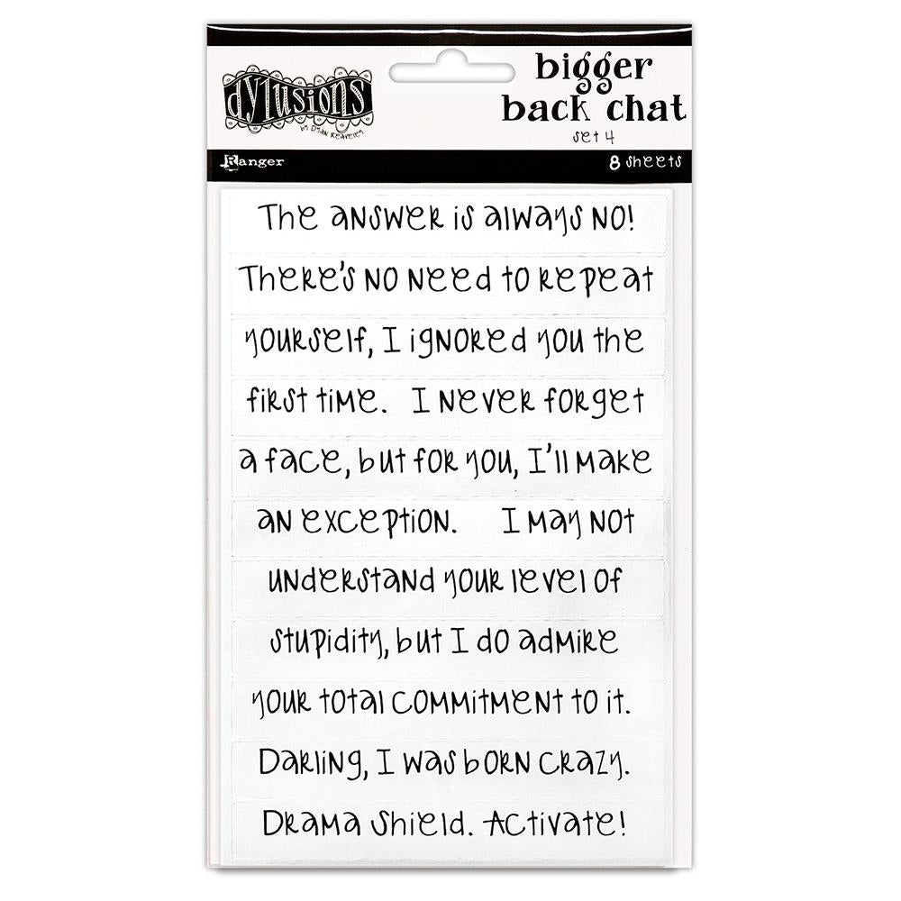Dylusions by Dyan Reaveley's Bigger Back Chat Stickers are for adding quirky, fun, bold expressions of thoughts to your planners, artwork and journal pages. Use the sayings as they are or cut them up to make your own laughter lines. The lettering in a handwritten style modern typeface. 8 sheets, white stickers, black writing.