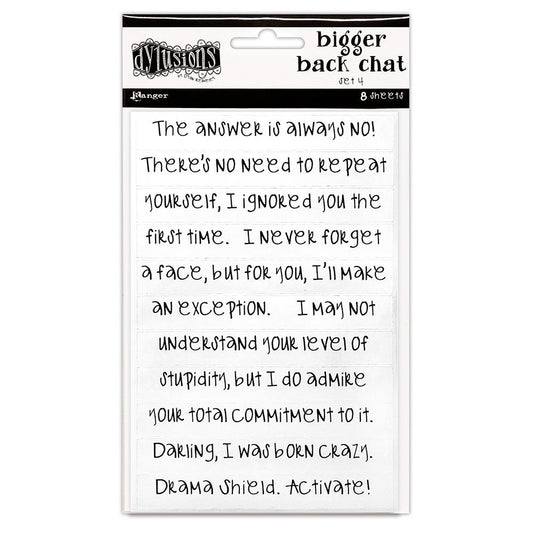 Dylusions by Dyan Reaveley's Bigger Back Chat Stickers are for adding quirky, fun, bold expressions of thoughts to your planners, artwork and journal pages. Use the sayings as they are or cut them up to make your own laughter lines. The lettering in a handwritten style modern typeface. 8 sheets, white stickers, black writing.
