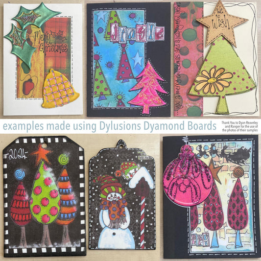 photograph by Dyan Reaveley and Ranger of their November 2024 samples created using the Dylusions Dyamond Boads, Rocks and Dusts with journals, acrylic paint, stamps and stencils. Available at Art by Jenny in Australia. Photo of greeting cards.