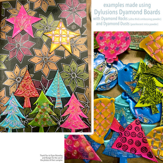 photograph by Dyan Reaveley and Ranger of their November 2024 samples created using the Dylusions Dyamond Boads, Rocks and Dusts with journals, acrylic paint, stamps and stencils. Available at Art by Jenny in Australia.