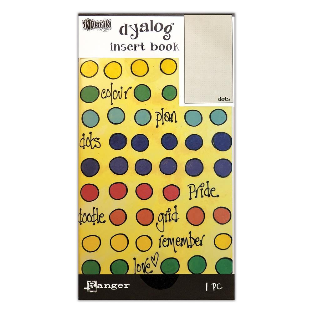 Dots ... White Pages with Pale Dot Grid - Dylusions Dyalog Insert Book ... 4.375" x 8.25" art book with 24 pages has an inviting yellow cover covered in colourful doodled spots. The inner pages are natural white mixed media paper, printed with rows of pale grey dots to form 5mm squares or grids. Designed by Dyan Reaveley.