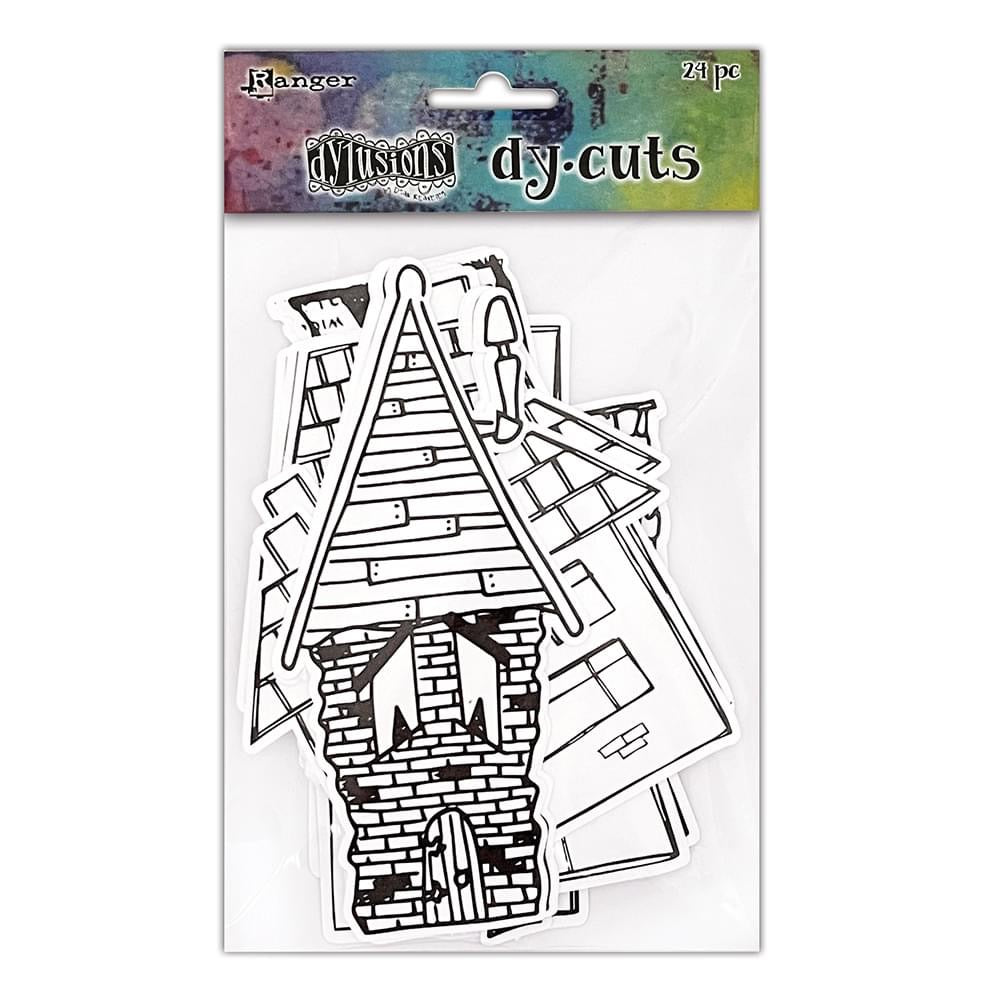 Me Houses, Dylusions Dy Cuts - by Dyan Reaveley ... collection of Dylusions buildings, crooked houses, tiled roof cottages and more. These die cut designs are printed in black outlines on white mixed media paper. 24 die cut pieces (8 designs, 3 of each). Wonderful illustrations of Dyan Reaveley's, featuring a well loved wonky house with windows for eyes, tiled roof cottages, crooked houses, wobbly buildings and more