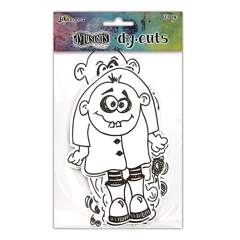 Me Monsters, Dylusions Dy Cuts - by Dyan Reaveley ... collection of Dylusions creatures, monsters, creepsters, fuzzy critters and more. These die cut designs are printed in black outlines on white mixed media paper. 24 die cut pieces (8 designs, 3 of each). Dyan Reaveley's illustrations featuring black eyed toothy hunchback peoples wearing iconic Dylusions boots, big eyed jelly aliens, fuzzy 8-legged freaks, overgrown slug-critters and much more. Eight totally fun characters in total.
