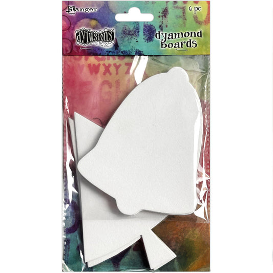 Dyamond Boards - Trees and Bells, Large ... by Dyan Reaveley's Dylusions and Ranger Ink. Primed, ready to alter thin white chipboard shapes for use in mixed media, cardmaking, art journaling, scrapbooking, papercrafts and visual arts of all kinds to create multi-layered and dimensional artwork. 6 (six) pieces of 2mm thick chipboard in 2 styles. Designs in this pack are of large stylised triangular tree shapes (Christmas, pine trees, bunting) and traditional bell shapes. Perfect for ornaments too.