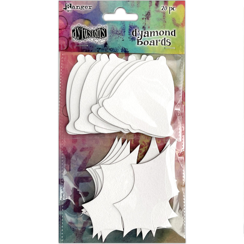 Dyamond Boards - Bells and Holly, Small ... by Dyan Reaveley's Dylusions and Ranger Ink. Primed, ready to alter thin white chipboard shapes for use in mixed media, cardmaking, art journaling, scrapbooking, papercrafts and visual arts of all kinds to create multi-layered and dimensional artwork. 20 (twenty) pieces of 1mm thick primed chipboard in 2 styles, bell and holly leaf. Designs in this pack are of holly leaves and traditional bell shapes, perfect for Christmas, cards, backgrounds and decoration.