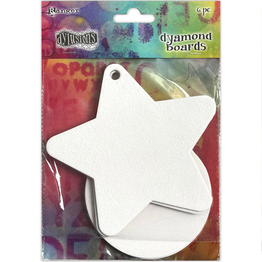Dyamond Boards - Baubles and Stars, Large ... by Dyan Reaveley's Dylusions and Ranger Ink. Primed, ready to alter thin white chipboard shapes for use in mixed media, cardmaking, art journaling, scrapbooking, papercrafts and visual arts of all kinds to create multi-layered and dimensional artwork. 6 (six) pieces of 2mm thick chipboard in 2 styles. Designs in this pack are of large 5-pointed stars and round baubles (circles with ring topper for hanging), perfect for Christmas, cards, ornaments, tags.